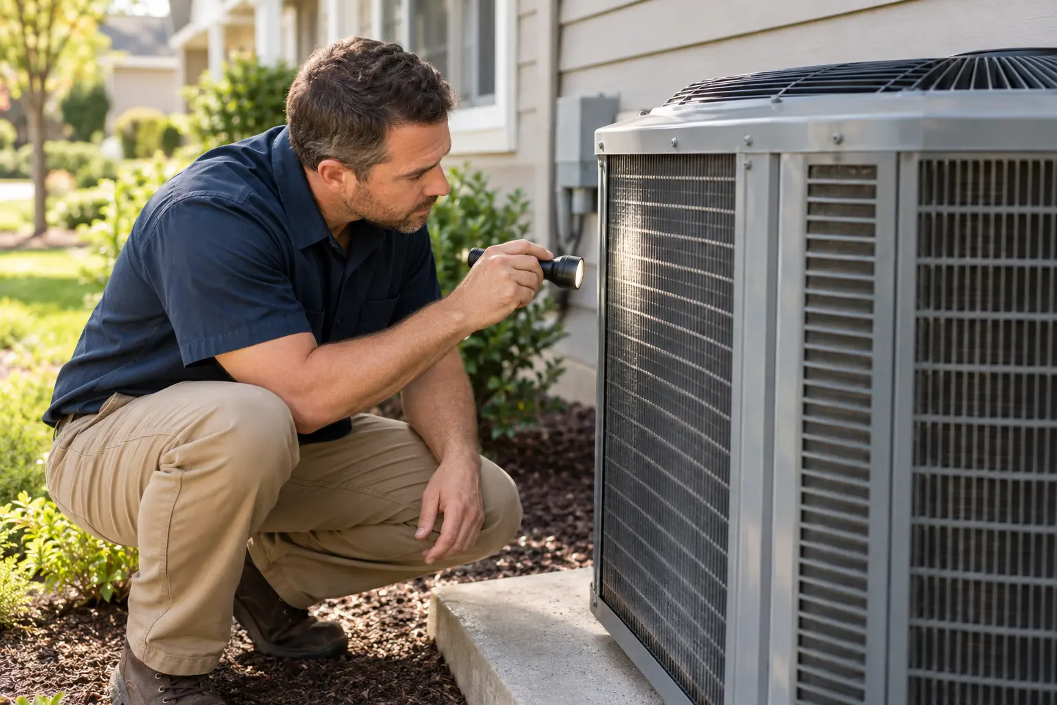 HVAC technician inspecting an outdoor condenser