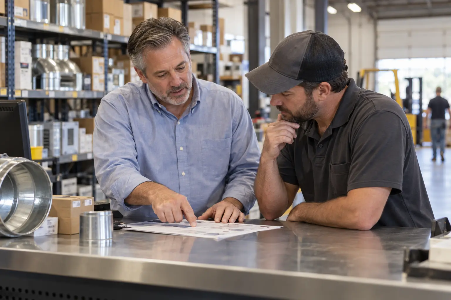 Distributor talking with a contractor at a supply counter